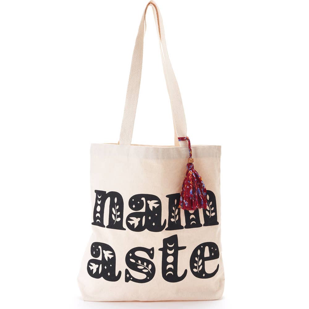 MBFT - Chahna Namaste Canvas Cotton Tote Bag Upcycled Sari Tassel