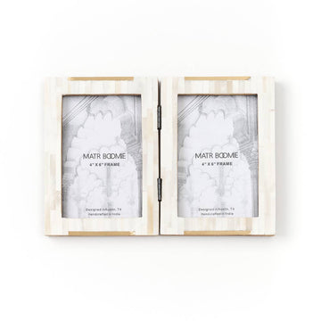 MBFT - Mukhendu 4x6 Double Picture Frame-Carved Bone, Brass Accent