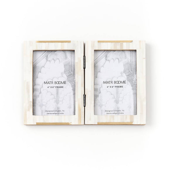 MBFT - Mukhendu 4x6 Double Picture Frame-Carved Bone, Brass Accent